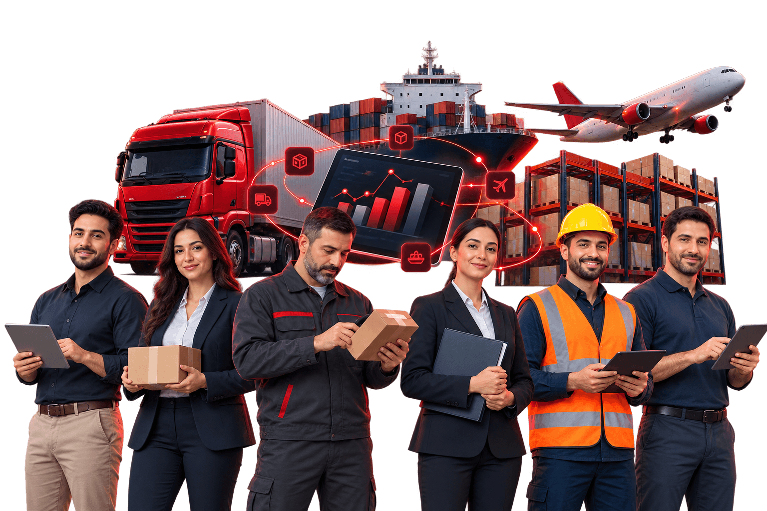 A team of traders, logistics and warehouse workers in front of a truck, a cargo ship, and a plane