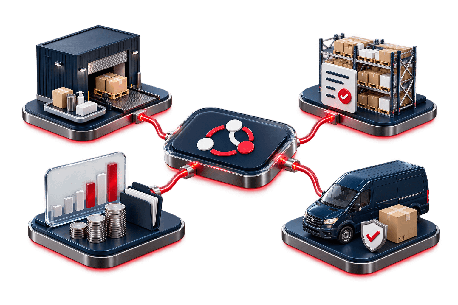 The SAVEX hub connecting a warehouse, inventory racks, business reports, and a delivery van